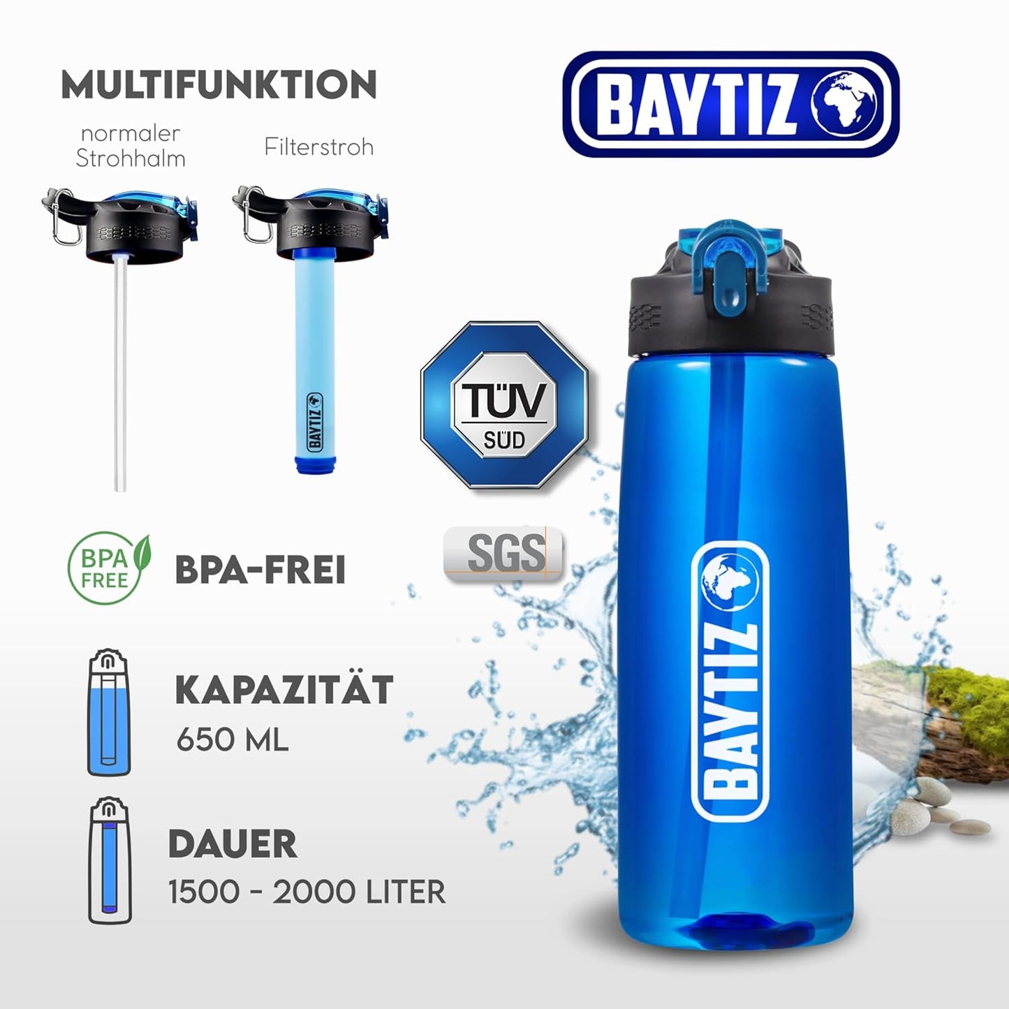 BAYTIZ ® Drinkfles + Rietjesfilter + Karabijnhaak - Buitenwaterfilter met actieve kool - Sport Survival Kampeerterrein Wandelen Survival Water Flash Straw Waterzuiveraar Life Filter System Stro