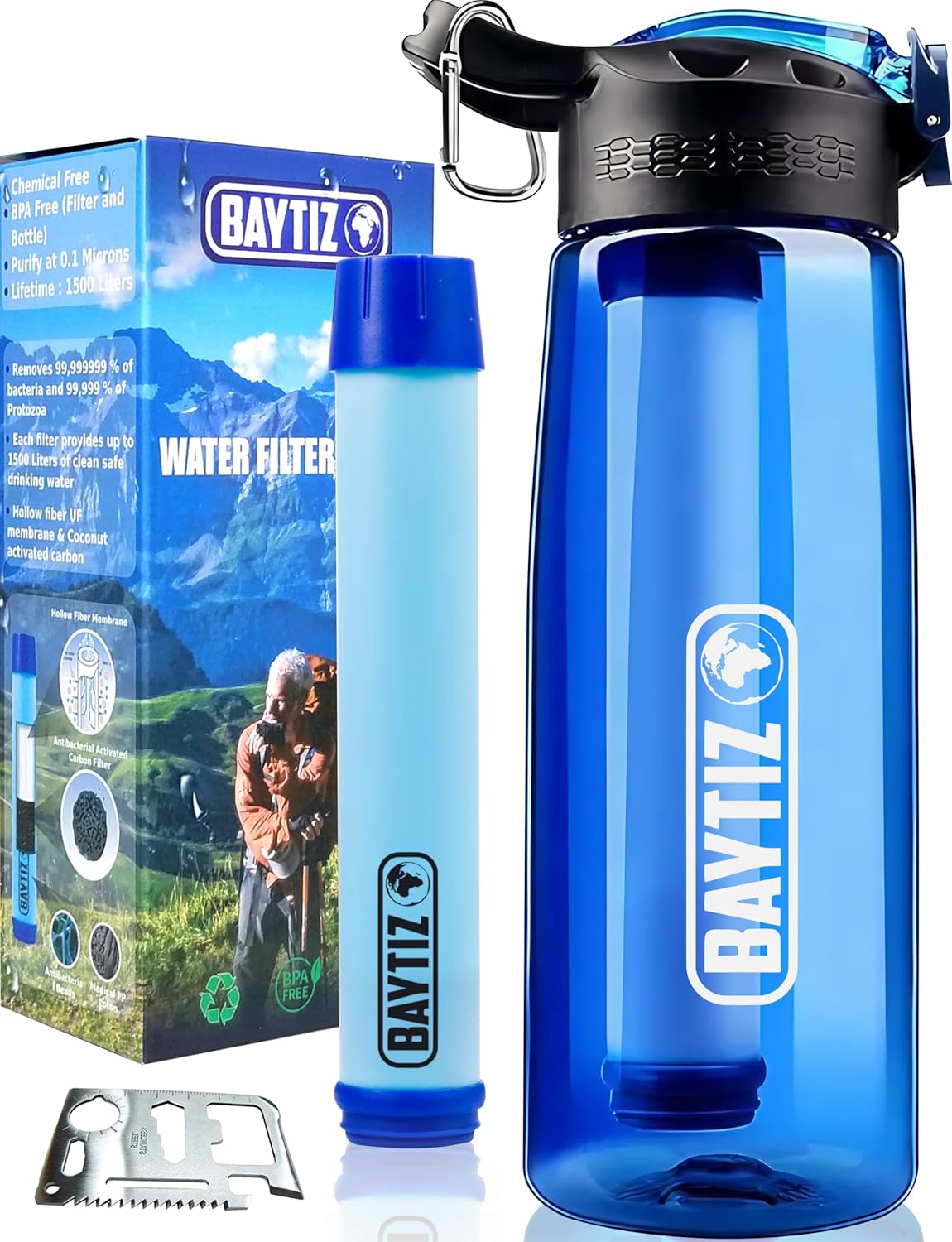 BAYTIZ ® Drinkfles + Rietjesfilter + Karabijnhaak - Buitenwaterfilter met actieve kool - Sport Survival Kampeerterrein Wandelen Survival Water Flash Straw Waterzuiveraar Life Filter System Stro