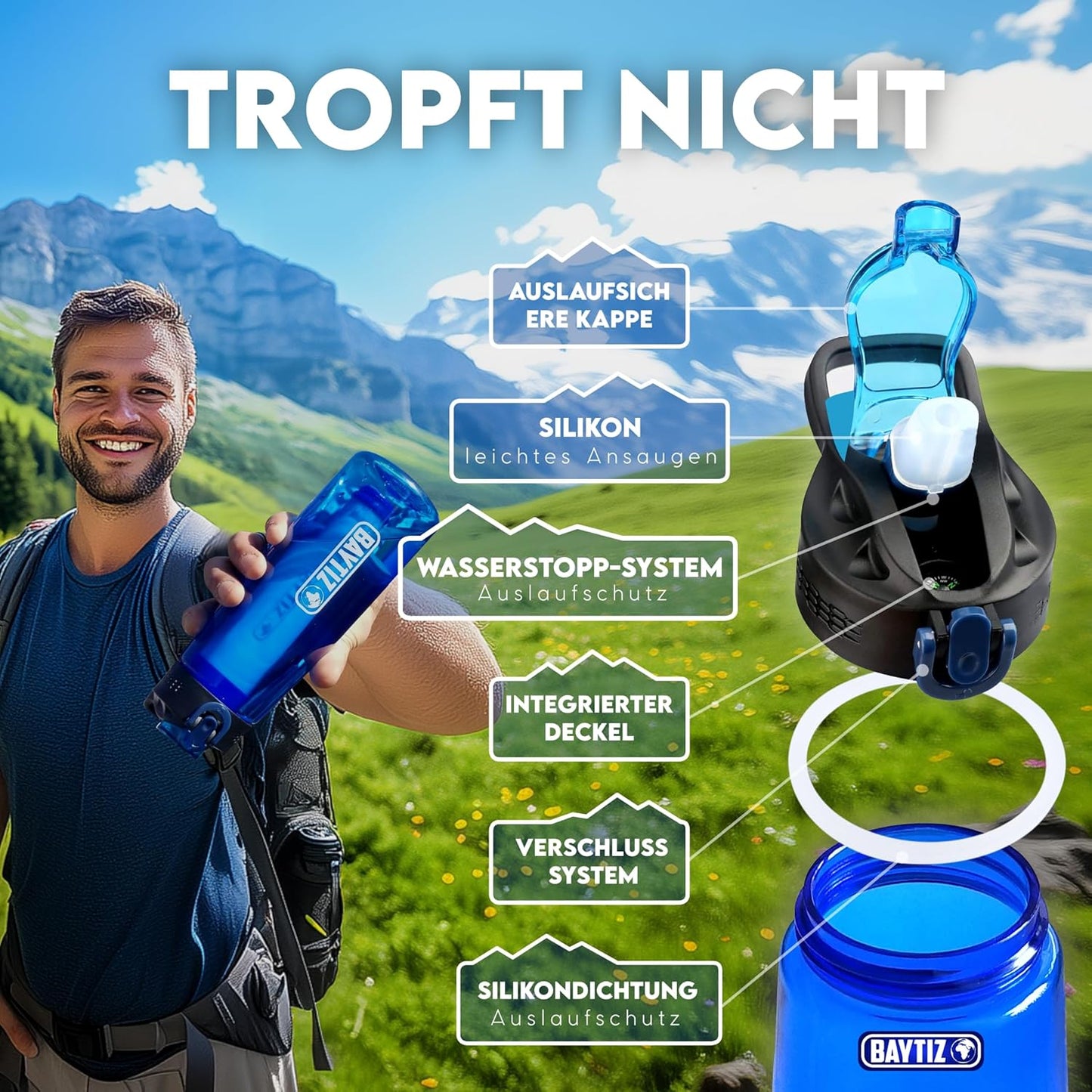 BAYTIZ ® Drinkfles + Rietjesfilter + Karabijnhaak - Buitenwaterfilter met actieve kool - Sport Survival Kampeerterrein Wandelen Survival Water Flash Straw Waterzuiveraar Life Filter System Stro