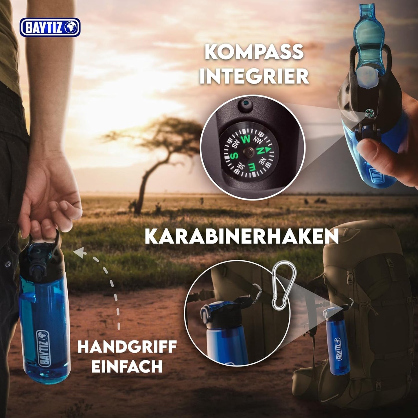 BAYTIZ ® Drinkfles + Rietjesfilter + Karabijnhaak - Buitenwaterfilter met actieve kool - Sport Survival Kampeerterrein Wandelen Survival Water Flash Straw Waterzuiveraar Life Filter System Stro